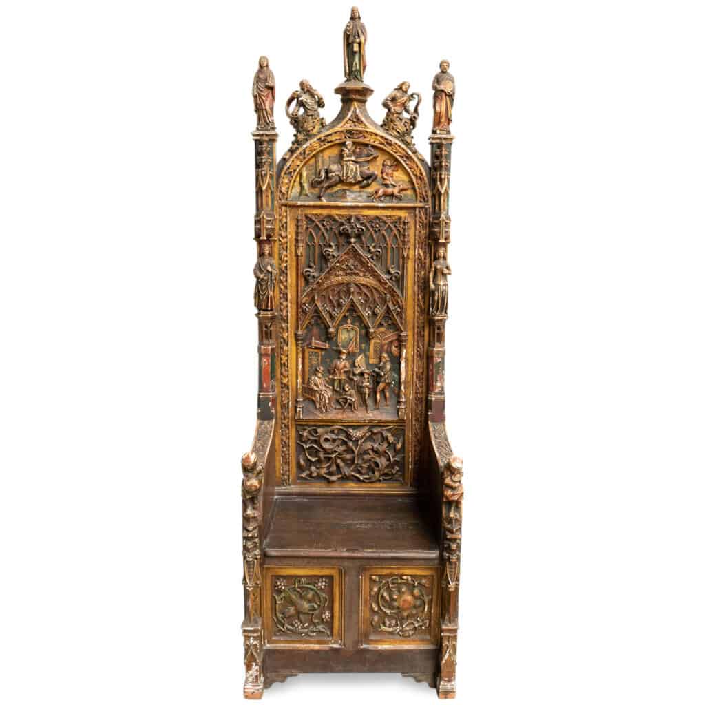 Neo-Gothic cathedra in carved gilded and lacquered oak, XIXe 3