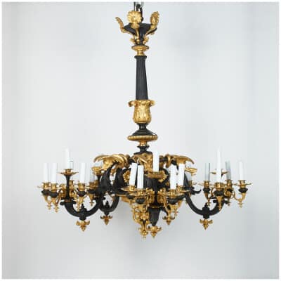 Spectacular chandelier with 5 bronze dragons with double patina, XIXe