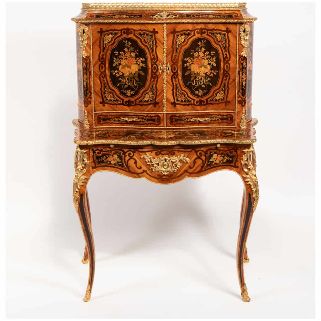 Bonheur du jour in Louis XV style in precious wood marquetry, XIXe 3