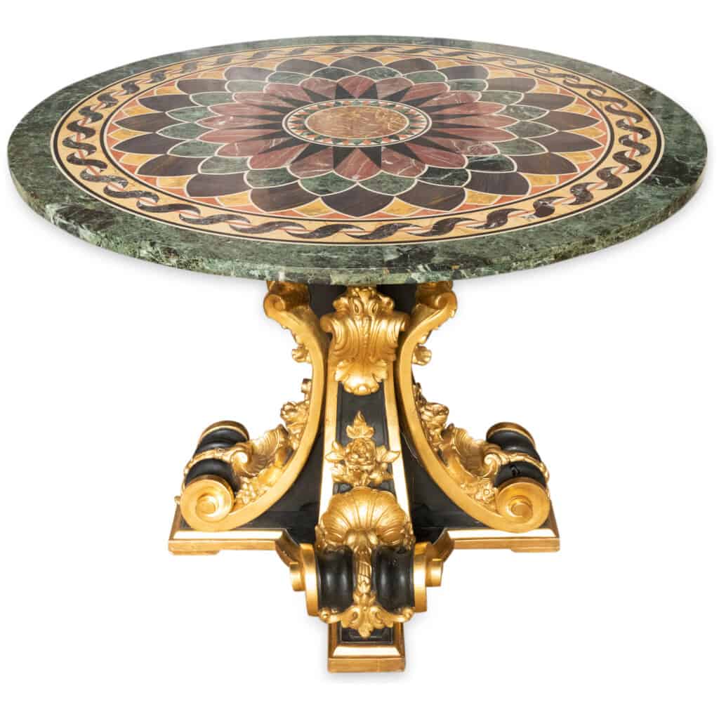 Pedestal table in black and gilt lacquered wood, marble marquetry top, XIXe 3