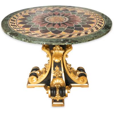 Pedestal table in black and gilt lacquered wood, marble marquetry top, XIXe