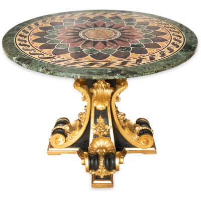 Pedestal table in black and gilt lacquered wood, marble marquetry top, XIXe 3