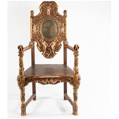 Fauteuil d’apparat « Adam et Eve » en bois sculpté doré et laqué, XIXe