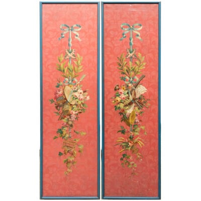 Pair of large decorative canvases with bouquet of flowers, Louis XVI style, twentieth