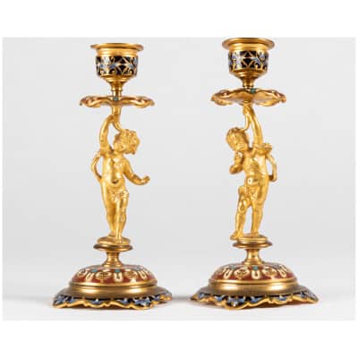 Pair of small gilt bronze and cloisonné enamel baby candlesticks, XNUMXth century