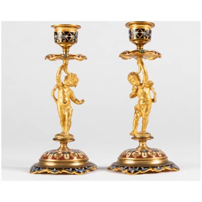 Pair of small candlesticks for babies in gilded bronze and cloisonné enamels, XIXe