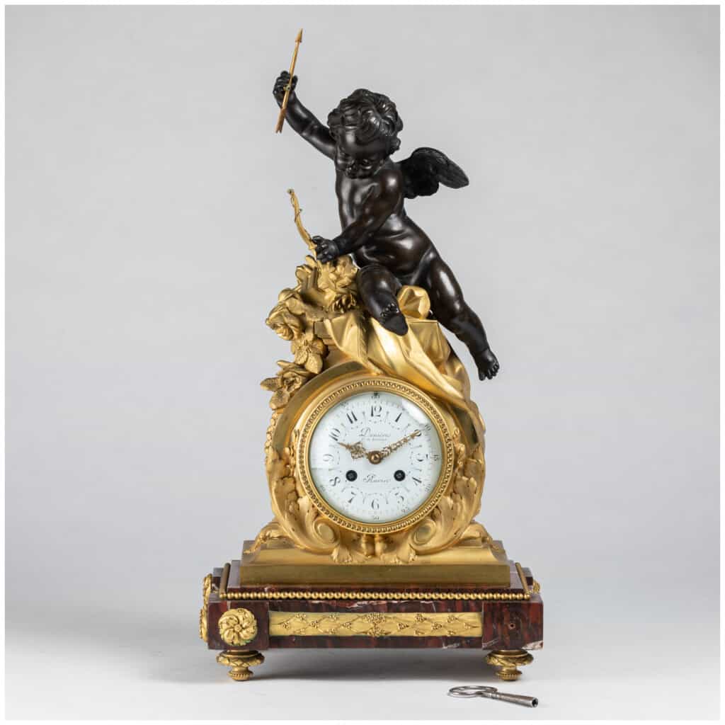Guillaume Denière (1815-1901), Cupid clock in bronze with brown patina and gilt bronze, 3th century XNUMX