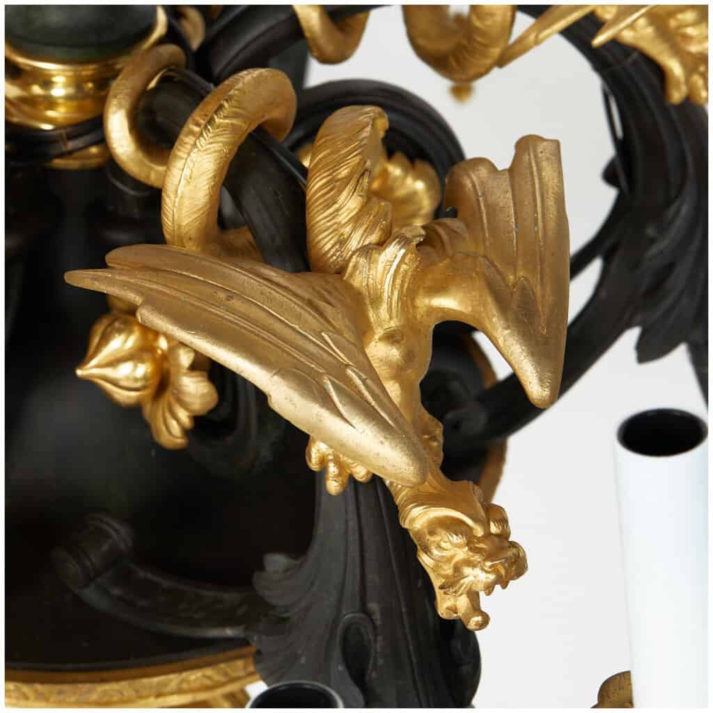 Spectaculaire lustre aux 5 dragons en bronze à double patine, XIXe 4