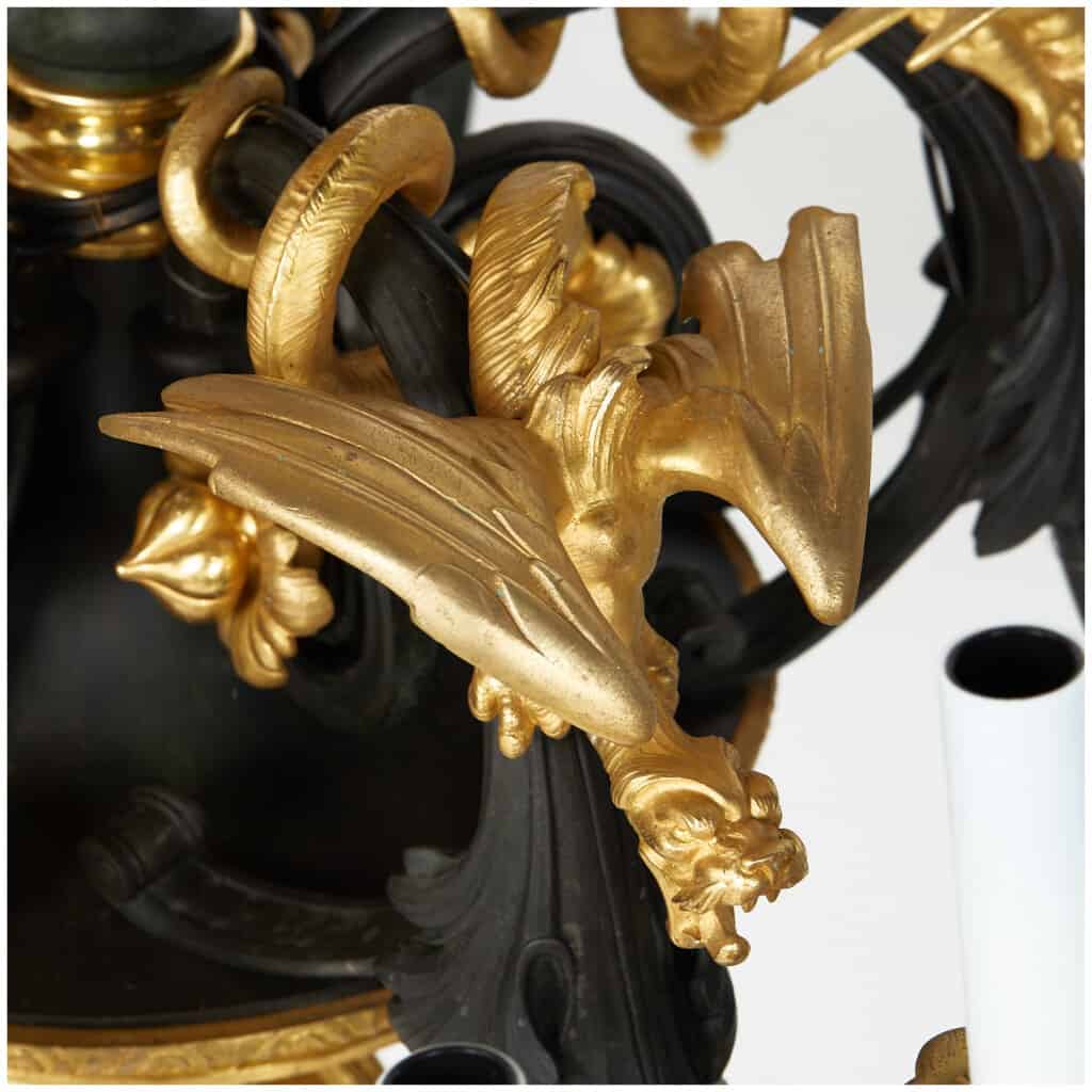 Spectacular chandelier with 5 bronze dragons with double patina, XIXand 4