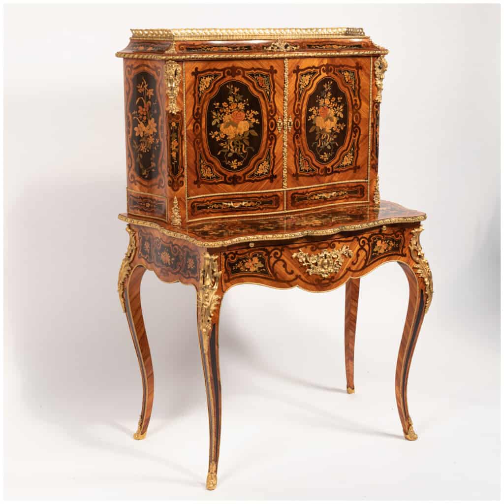 Bonheur du jour in Louis XV style in precious wood marquetry, XIXe 4