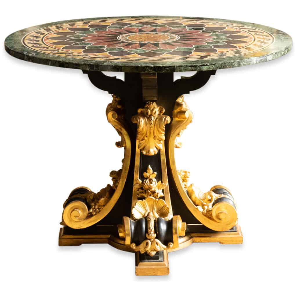 Pedestal table in black and gilt lacquered wood, marble marquetry top, XIXe 4