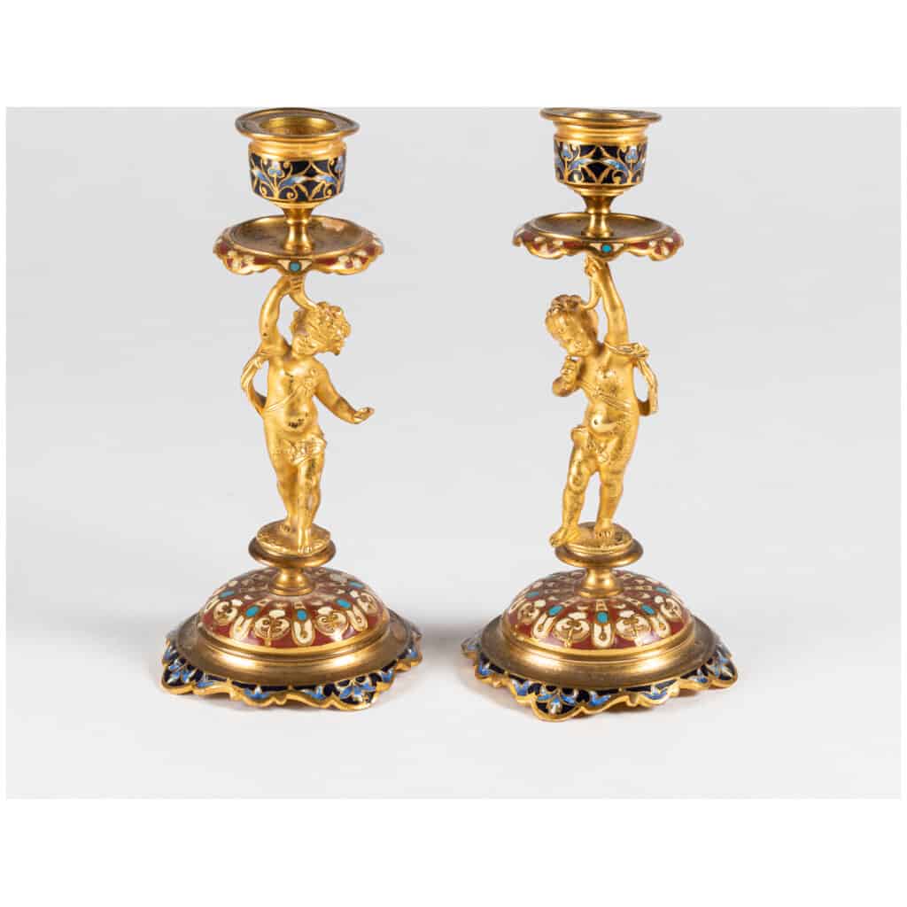 Pair of small candlesticks for babies in gilded bronze and cloisonné enamels, XIXe 4