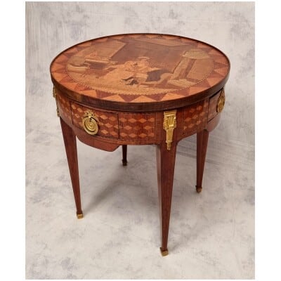 Table Bouillotte Style Louis XVI – Marqueterie de Cubes – Palissandre & Bois de Rose – Fin 18eme