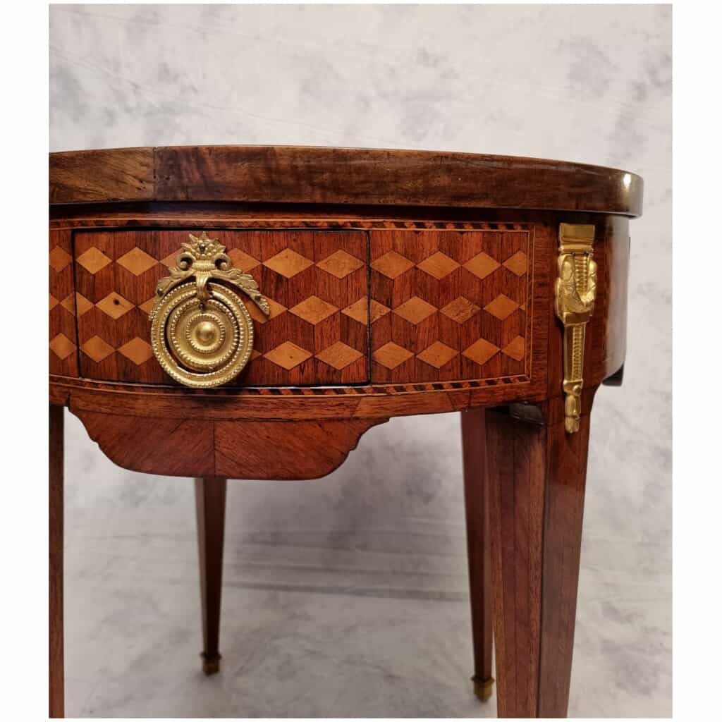 Table Bouillotte Style Louis XVI – Marqueterie de Cubes – Palissandre & Bois de Rose – Fin 18eme 15