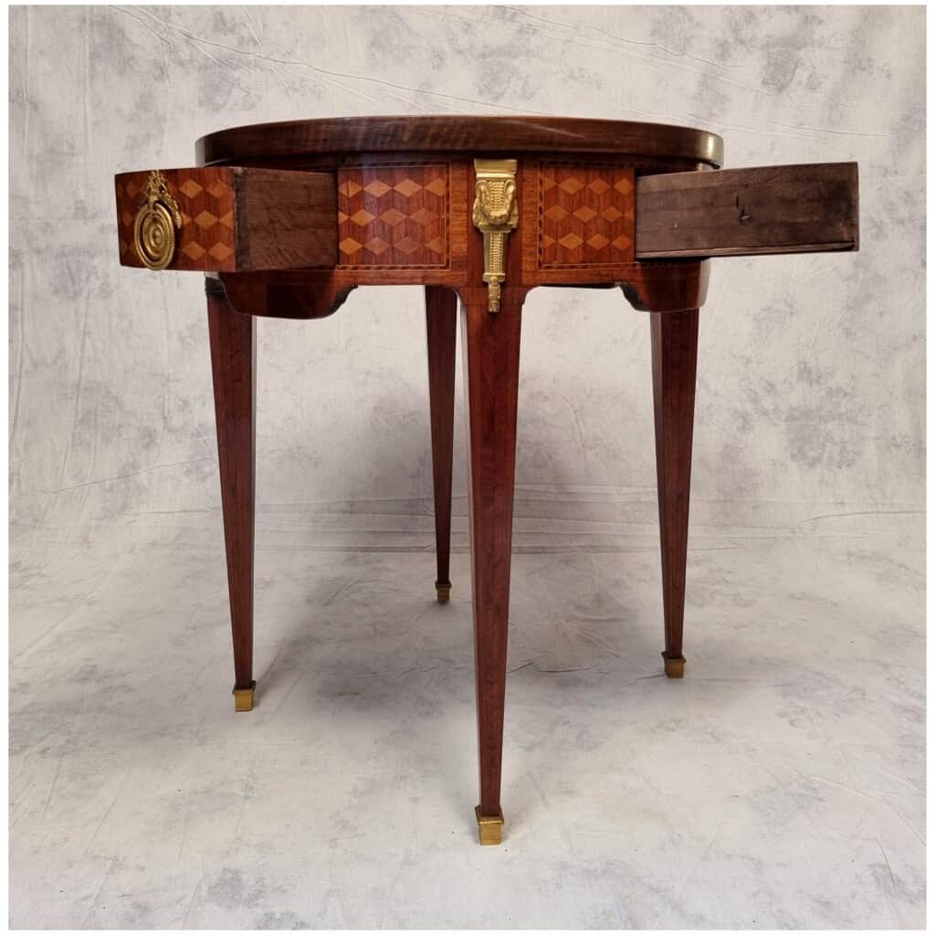 Table Bouillotte Style Louis XVI – Marqueterie de Cubes – Palissandre & Bois de Rose – Fin 18eme 11