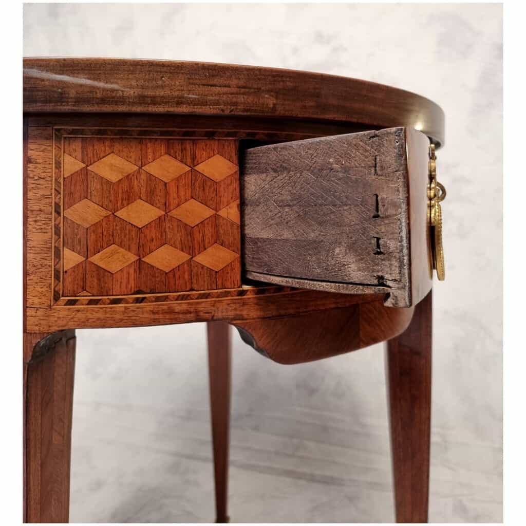 Table Bouillotte Style Louis XVI – Marqueterie de Cubes – Palissandre & Bois de Rose – Fin 18eme 14