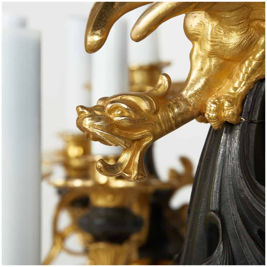 Spectacular chandelier with 5 bronze dragons with double patina, XIXand 5