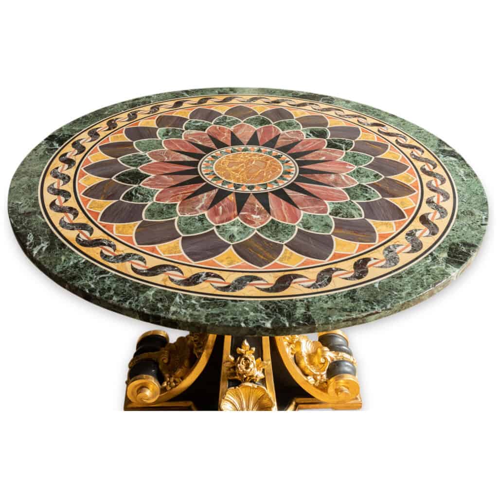 Pedestal table in black and gilt lacquered wood, marble marquetry top, XIXe 5