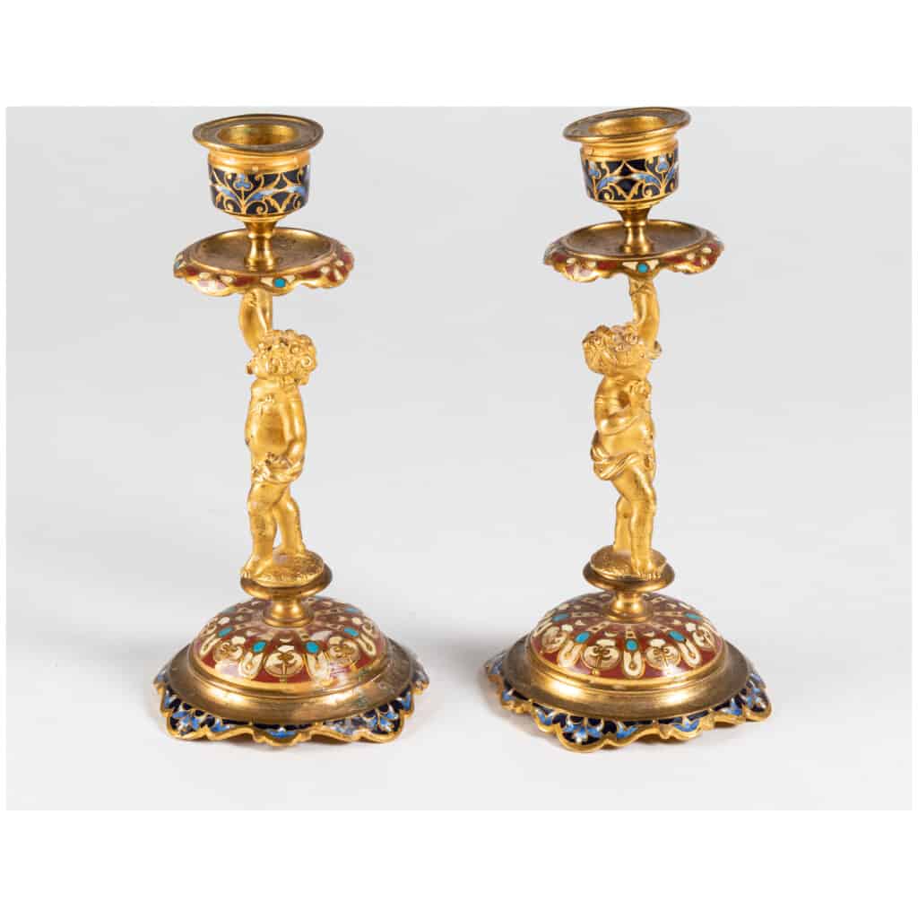 Pair of small candlesticks for babies in gilded bronze and cloisonné enamels, XIXe 5