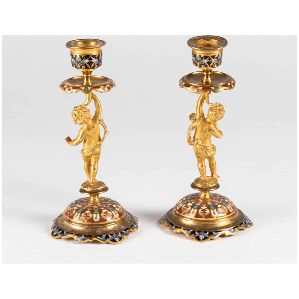 Pair of small candlesticks for babies in gilded bronze and cloisonné enamels, XIXe 6