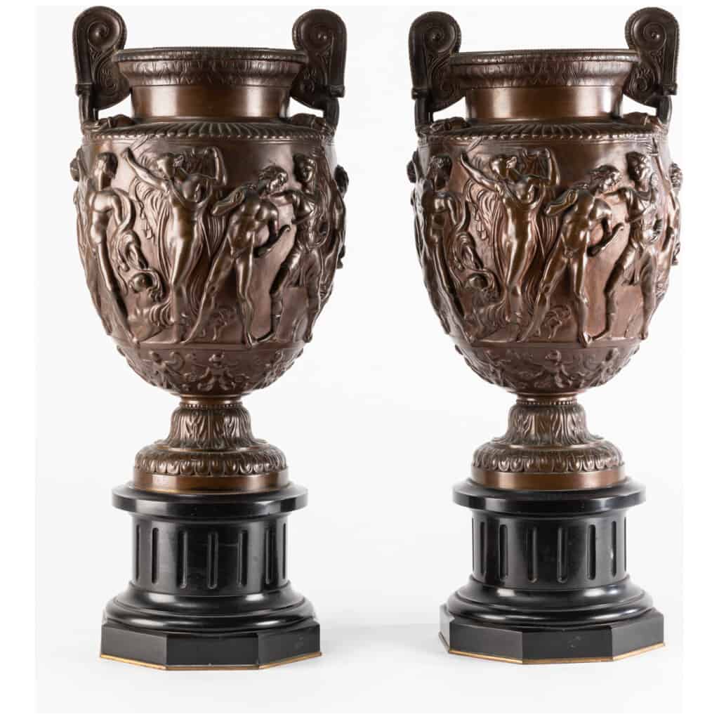 Ferdinand Barbedienne (1810-1892), Pair of bronze cassolettes on a black marble base, XIXe 7