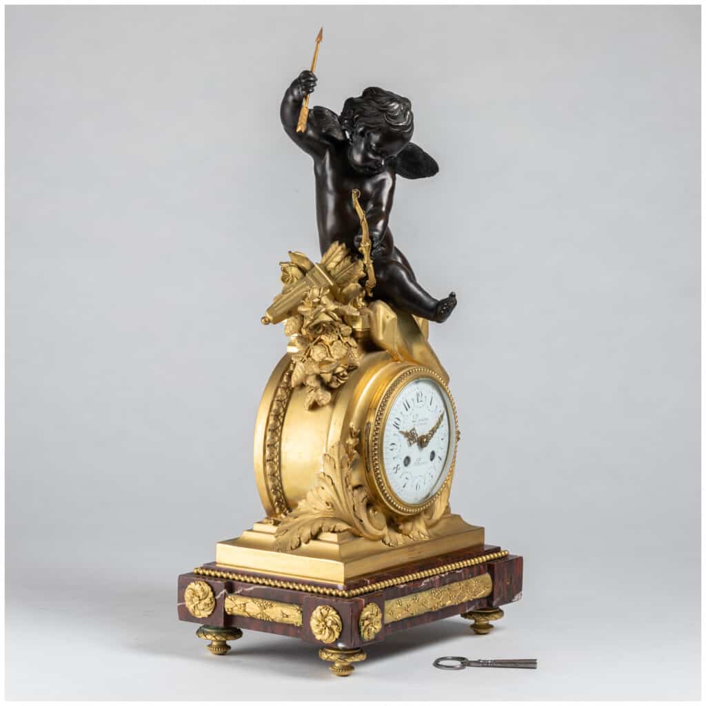 Guillaume Denière (1815-1901), Cupid clock in bronze with brown patina and gilded bronze, XIXe 7