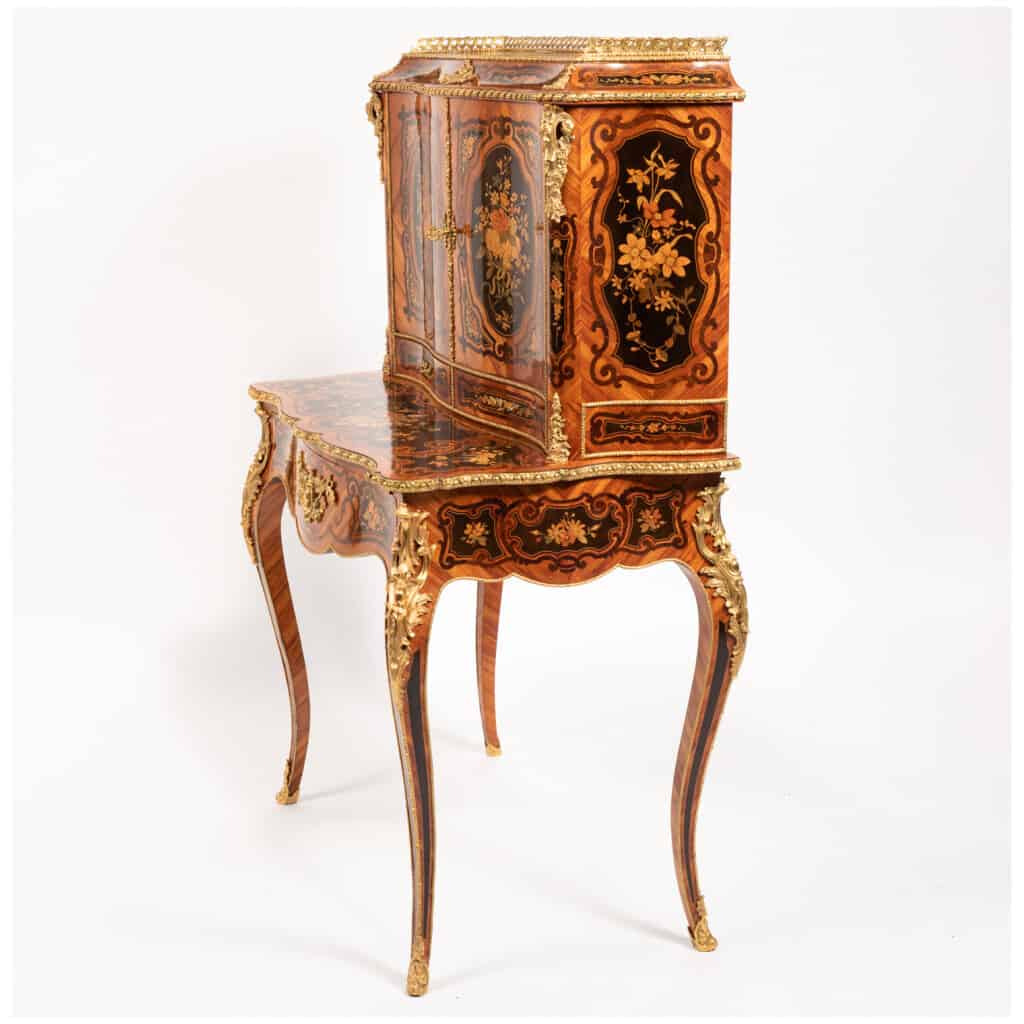 Bonheur du jour in Louis XV style in precious wood marquetry, XIXe 8