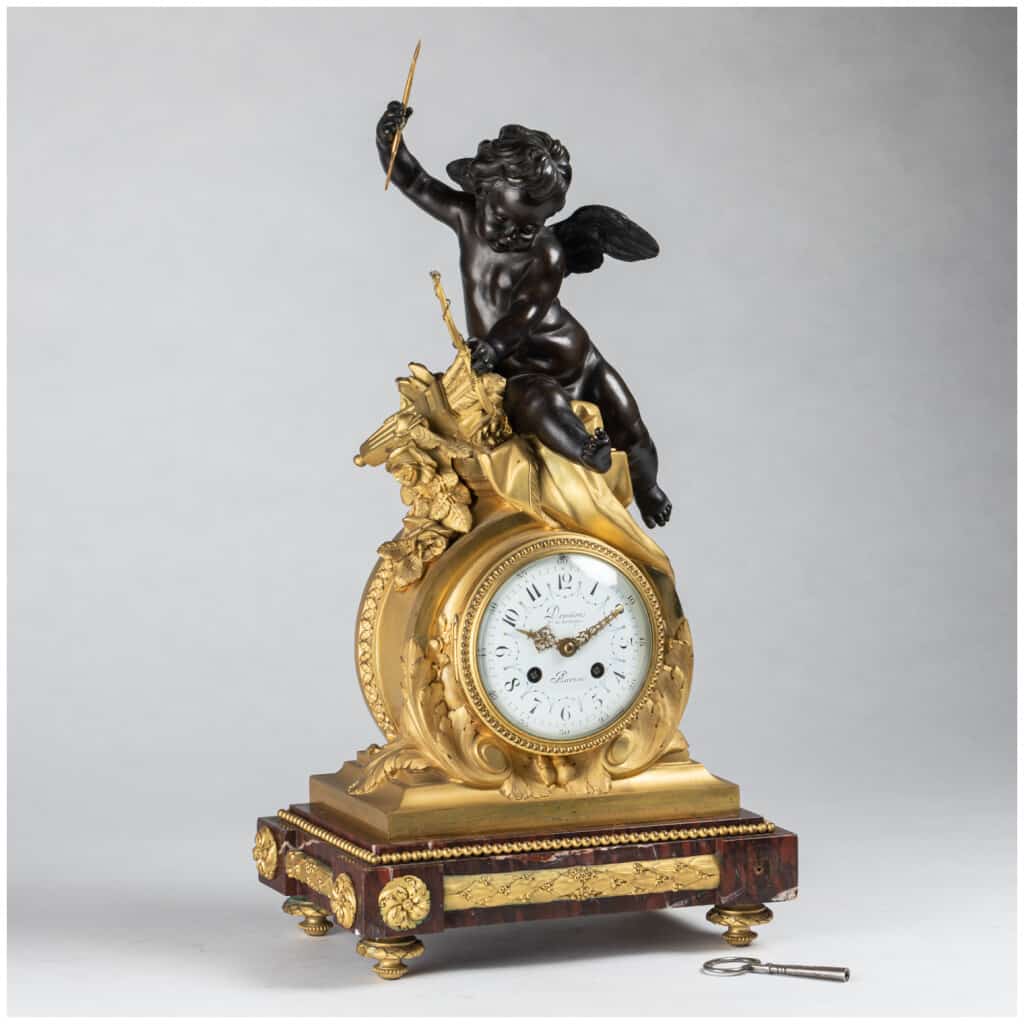 Guillaume Denière (1815-1901), Cupid clock in bronze with brown patina and gilt bronze, 8th century XNUMX
