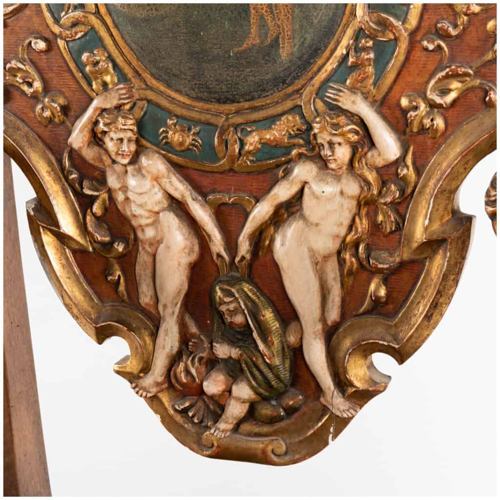 Fauteuil d’apparat « Adam et Eve » en bois sculpté doré et laqué, XIXe 9