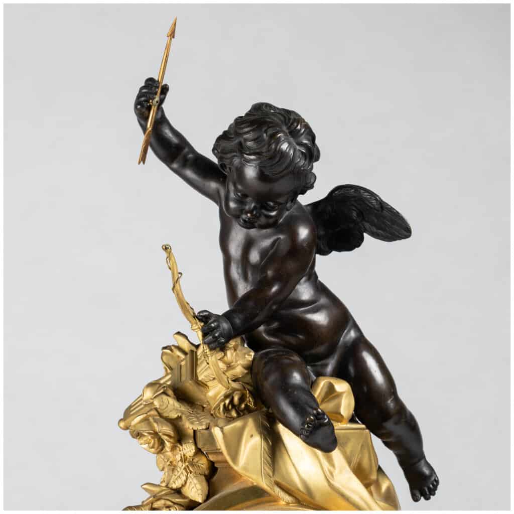 Guillaume Denière (1815-1901), Cupid clock in bronze with brown patina and gilt bronze, 9th century XNUMX