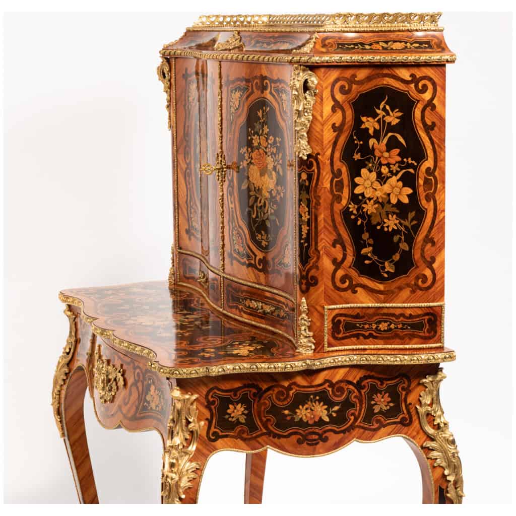 Bonheur du jour in Louis XV style in precious wood marquetry, XIXe 10