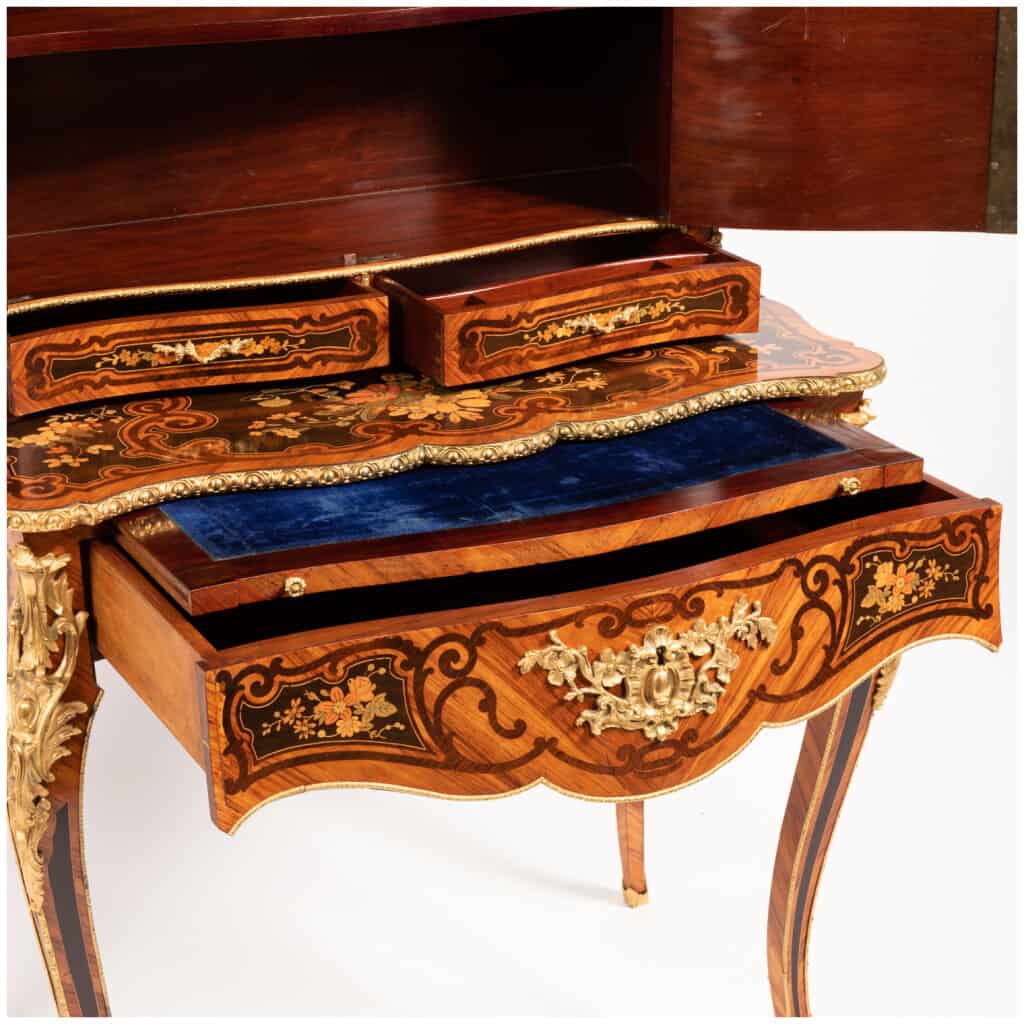 Bonheur du jour in Louis XV style in precious wood marquetry, XIXe 11