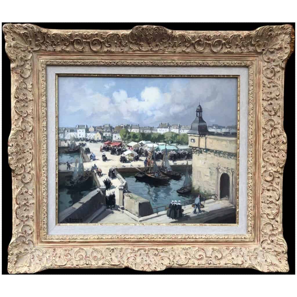 BARNOIN Henri 20th century painting "Concarneau (Brittany) The market" Oil painting on canvas signed 11