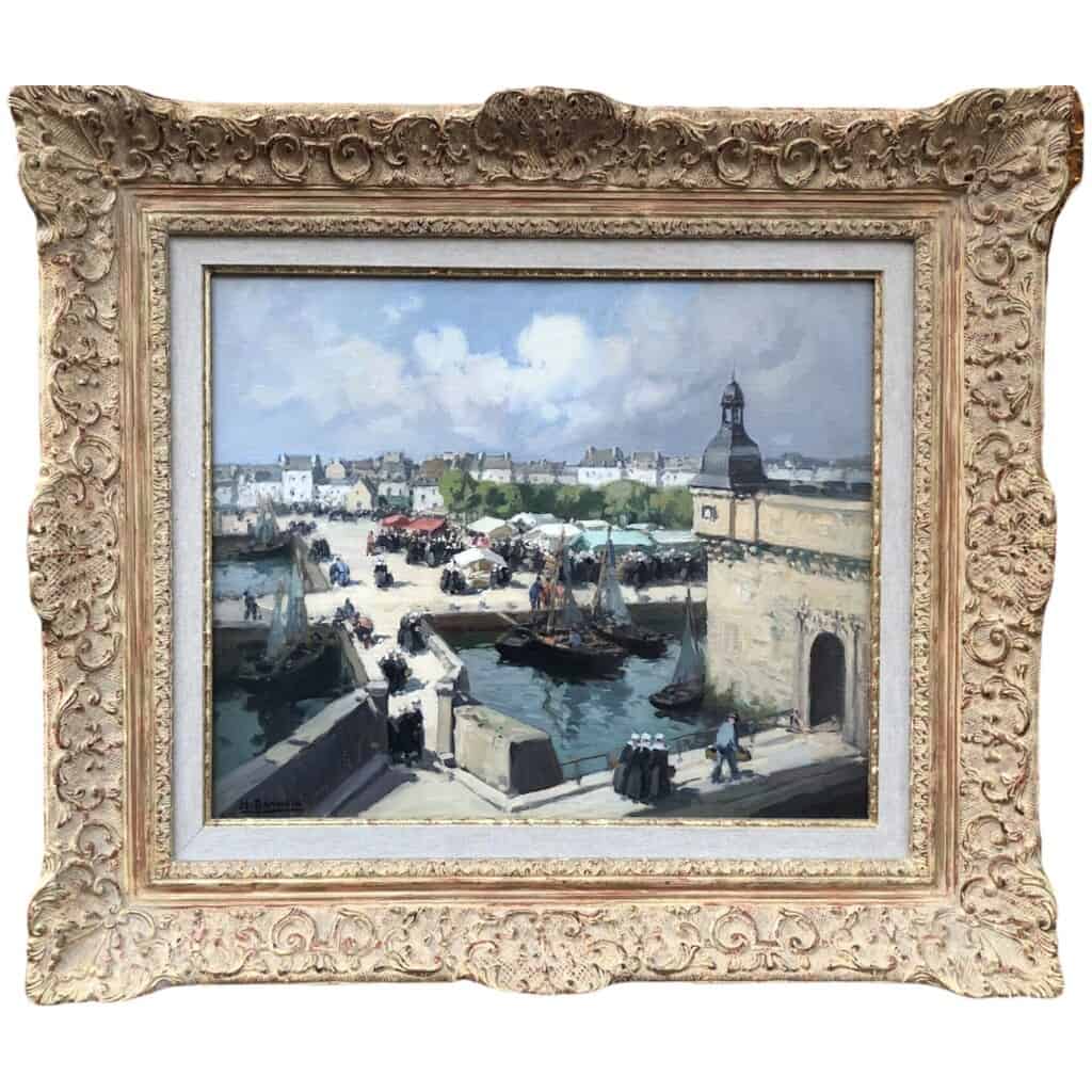 BARNOIN Henri 20th century painting "Concarneau (Brittany) The market" Oil painting on canvas signed 3