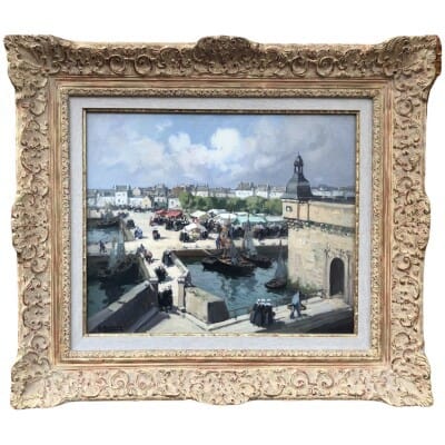 BARNOIN Henri 20th century painting "Concarneau (Brittany) The market" Oil painting on canvas signed