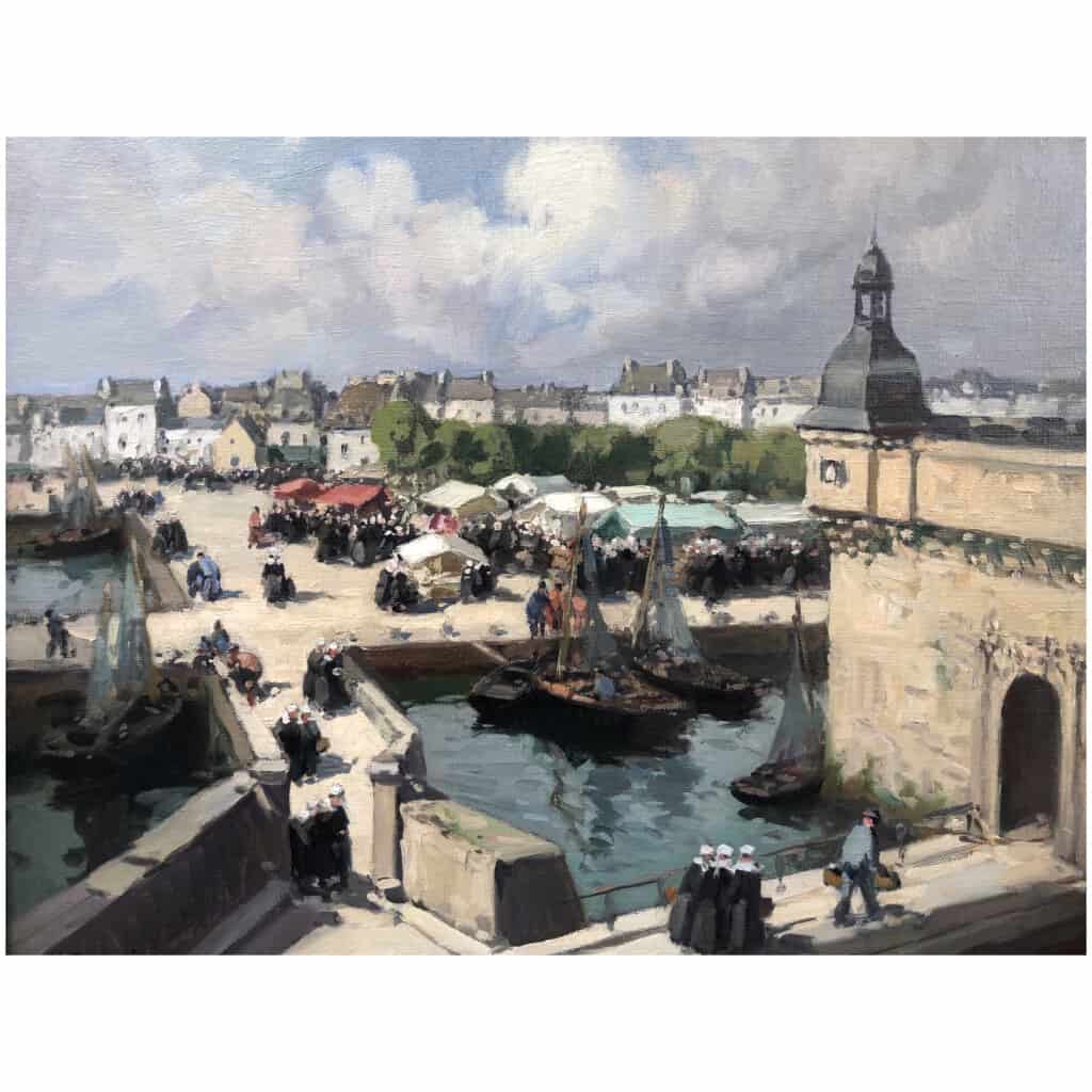 BARNOIN Henri 20th century painting "Concarneau (Brittany) The market" Oil painting on canvas signed 13