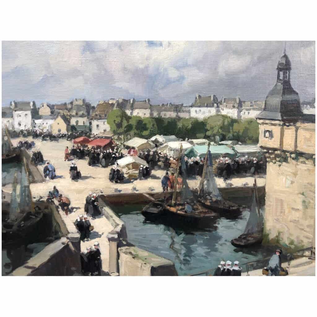 BARNOIN Henri tableau 20ème siècle « Concarneau (Bretagne) Le marché » Peinture huile sur toile signée 15