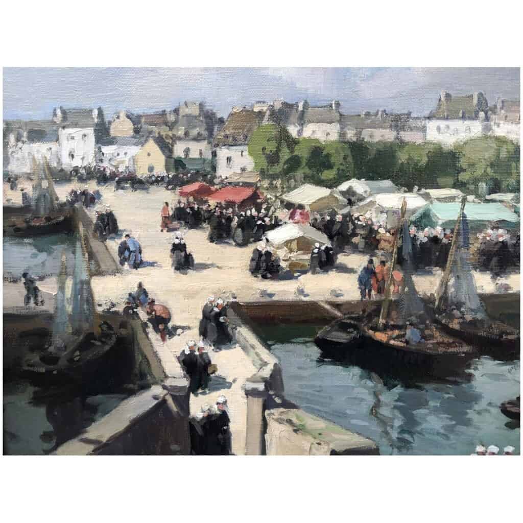 BARNOIN Henri 20th century painting "Concarneau (Brittany) The market" Oil painting on canvas signed 10