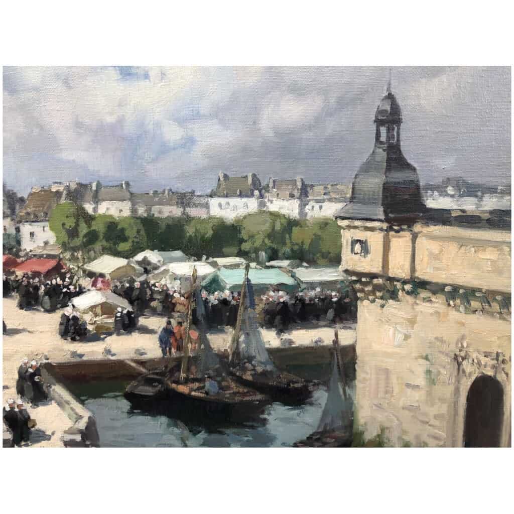 BARNOIN Henri tableau 20ème siècle « Concarneau (Bretagne) Le marché » Peinture huile sur toile signée 9