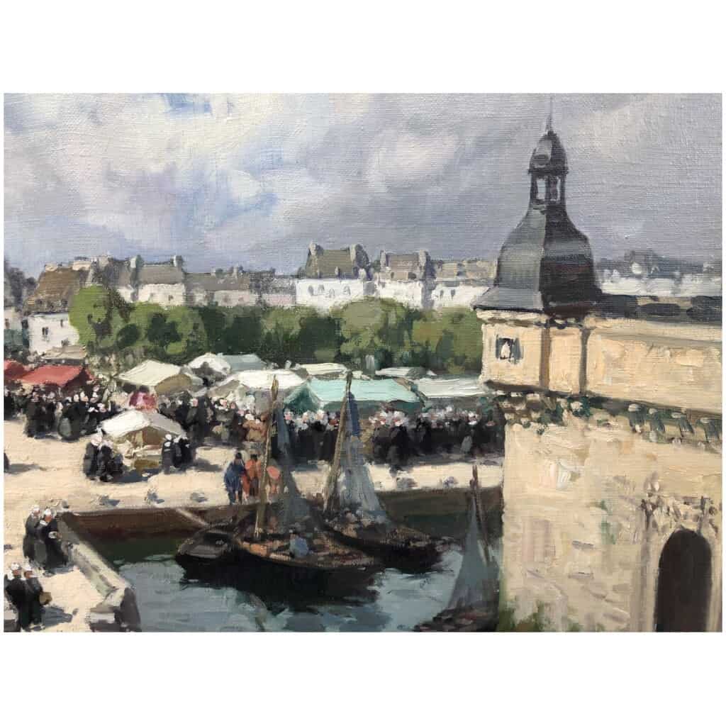 BARNOIN Henri 20th century painting "Concarneau (Brittany) The market" Oil painting on canvas signed 9