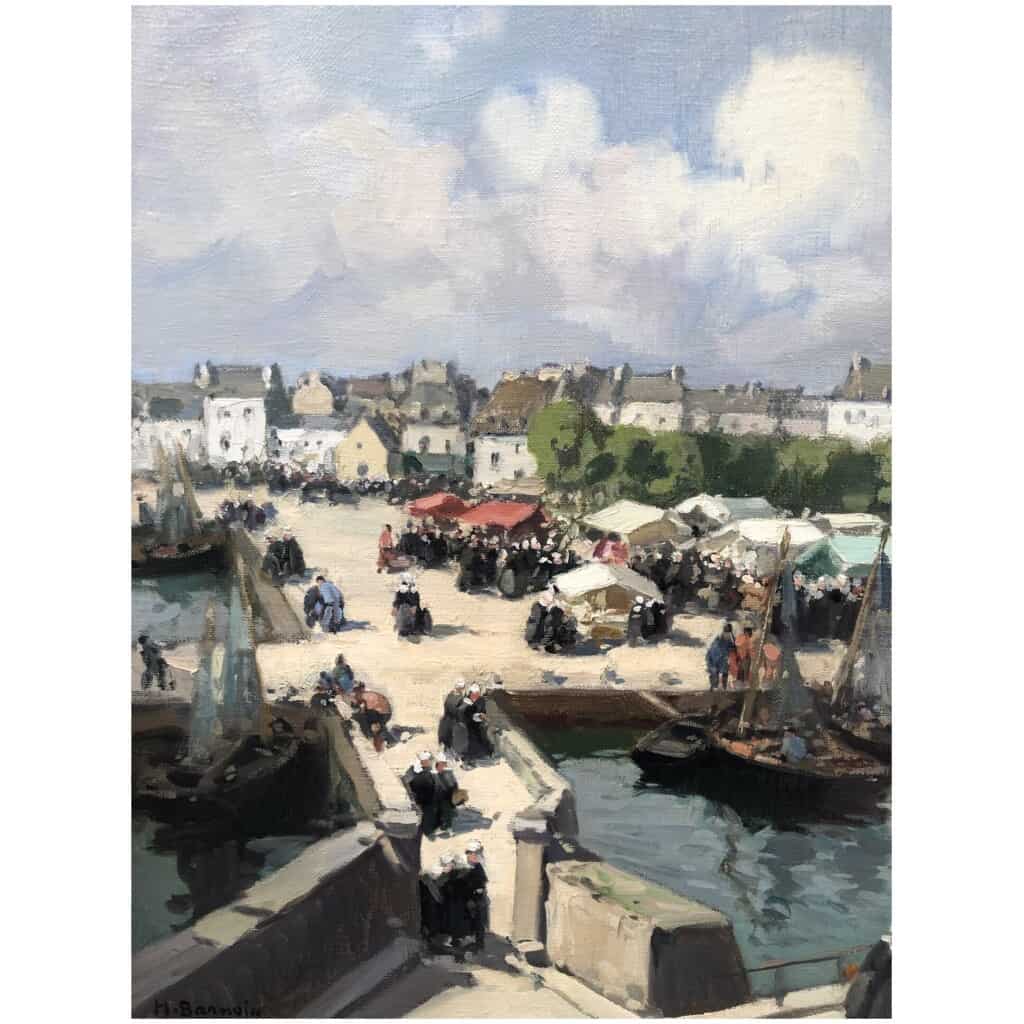 BARNOIN Henri tableau 20ème siècle « Concarneau (Bretagne) Le marché » Peinture huile sur toile signée 8