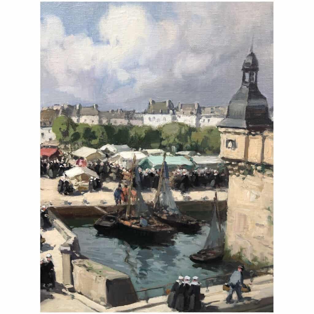 BARNOIN Henri 20th century painting "Concarneau (Brittany) The market" Oil painting on canvas signed 7