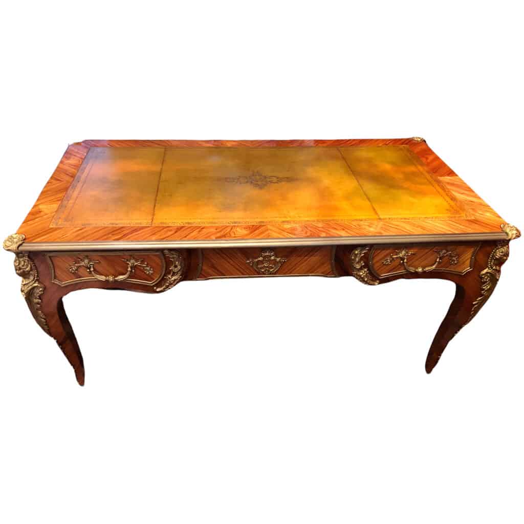 Antique Louis XV style flat desk in rosewood opening with three twentieth century work drawers 21
