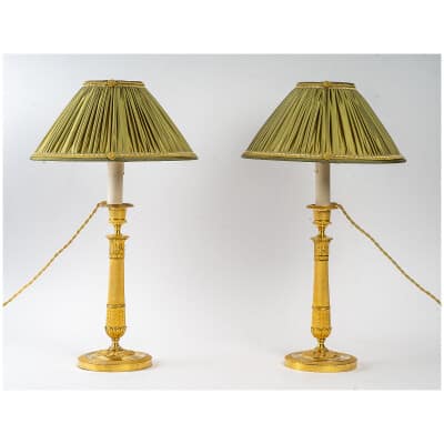 Empire Period Pair of chiseled and gilded bronze candlesticks mounted as lamps