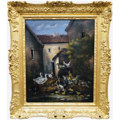 GUILLEMINET Claude Peinture 19ème siècle Ecole de Barbizon Le réveil de la basse cour Huile sur toile signée