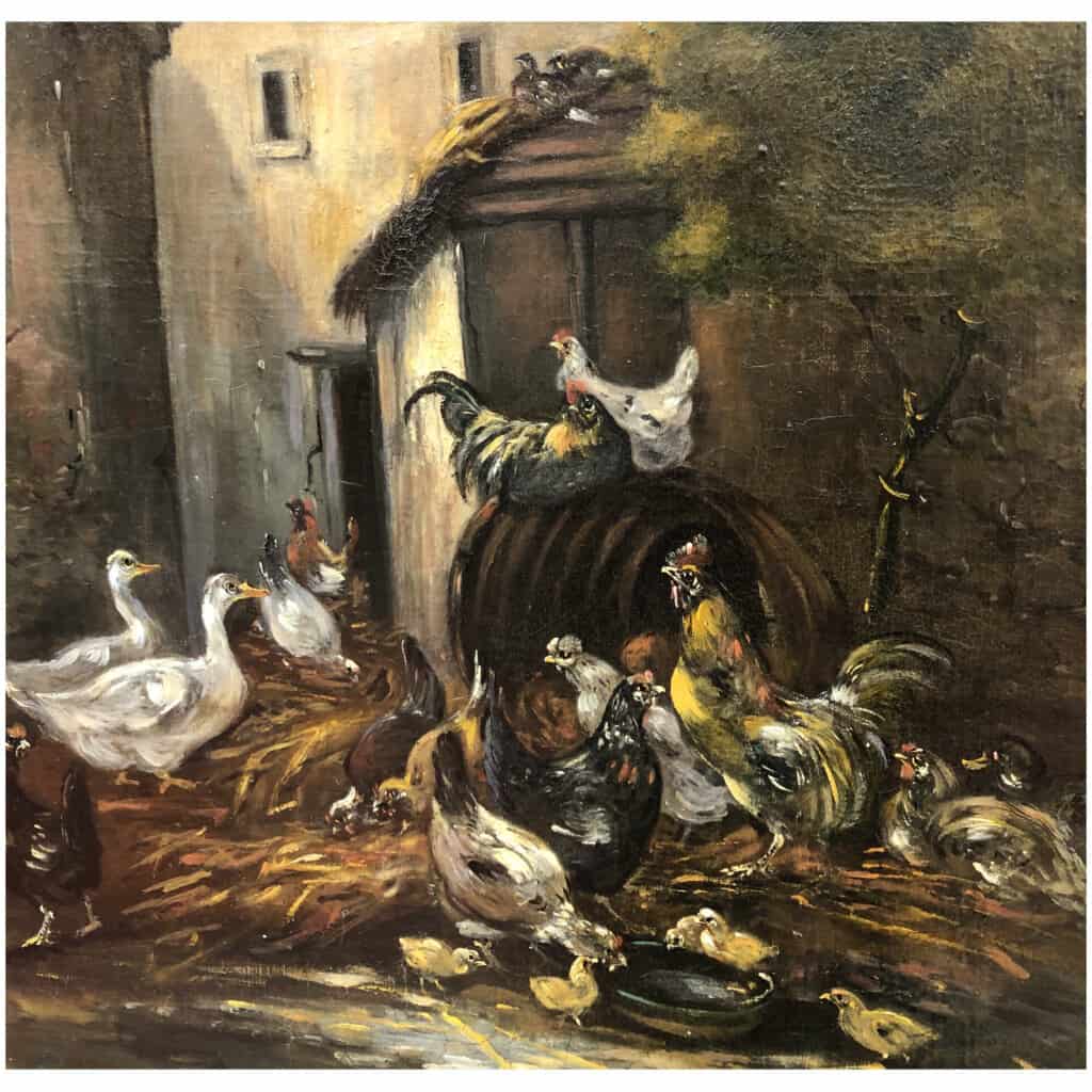 GUILLEMINET Claude Peinture 19ème siècle Ecole de Barbizon Le réveil de la basse cour Huile sur toile signée 6