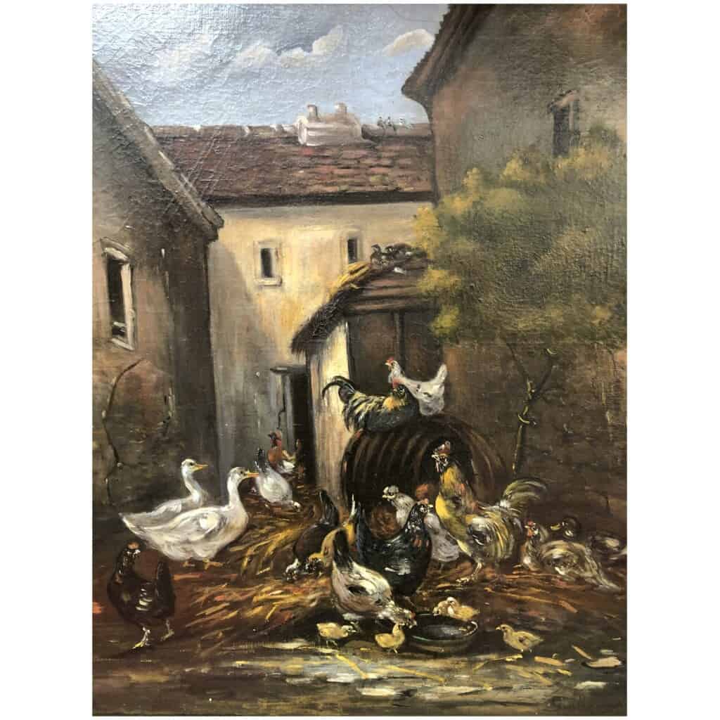 GUILLEMINET Claude Peinture 19ème siècle Ecole de Barbizon Le réveil de la basse cour Huile sur toile signée 5