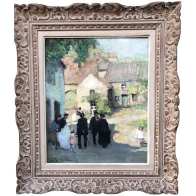 HERVE Jules 20th century painting Communion day in the countryside Oil on canvas signed