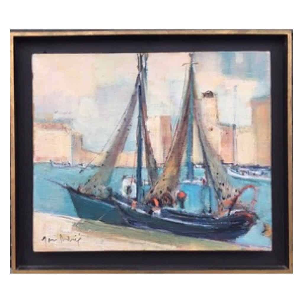 Marine painting, boats in port, Marseille 3