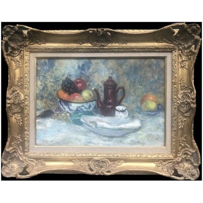 CAMOIN Charles Painting 20th century Still life Fruit bowl and coffee maker Oil on canvas signed
